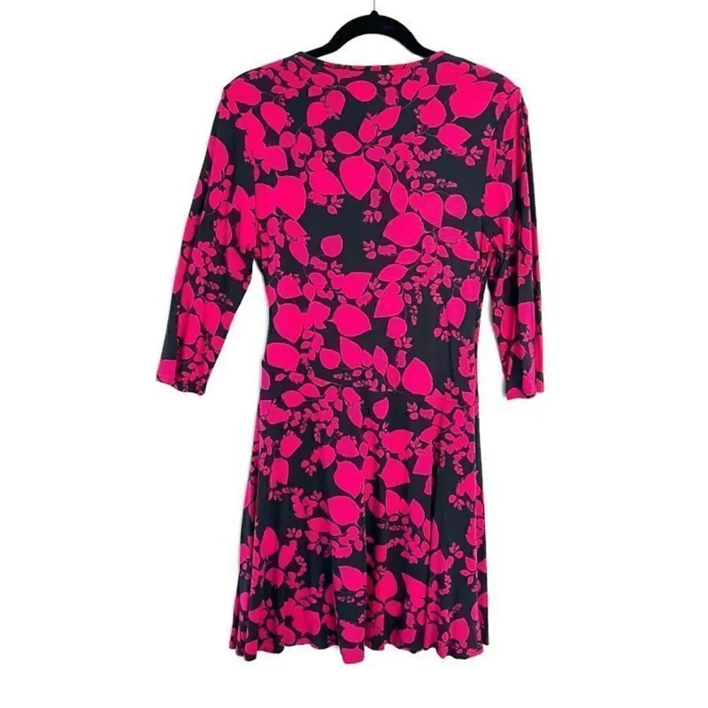 Garnet Hill Brianna Wrap Dress Pink Gray Floral Floral Print 3/4 sleeves M